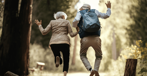 Vrolijk seniorenpaar springt in park